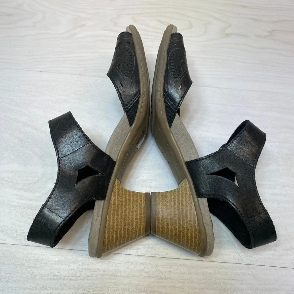 Earth Womens 7.5 Carson Westport Wedge Sandals Black Leather Laser Cut Comfort